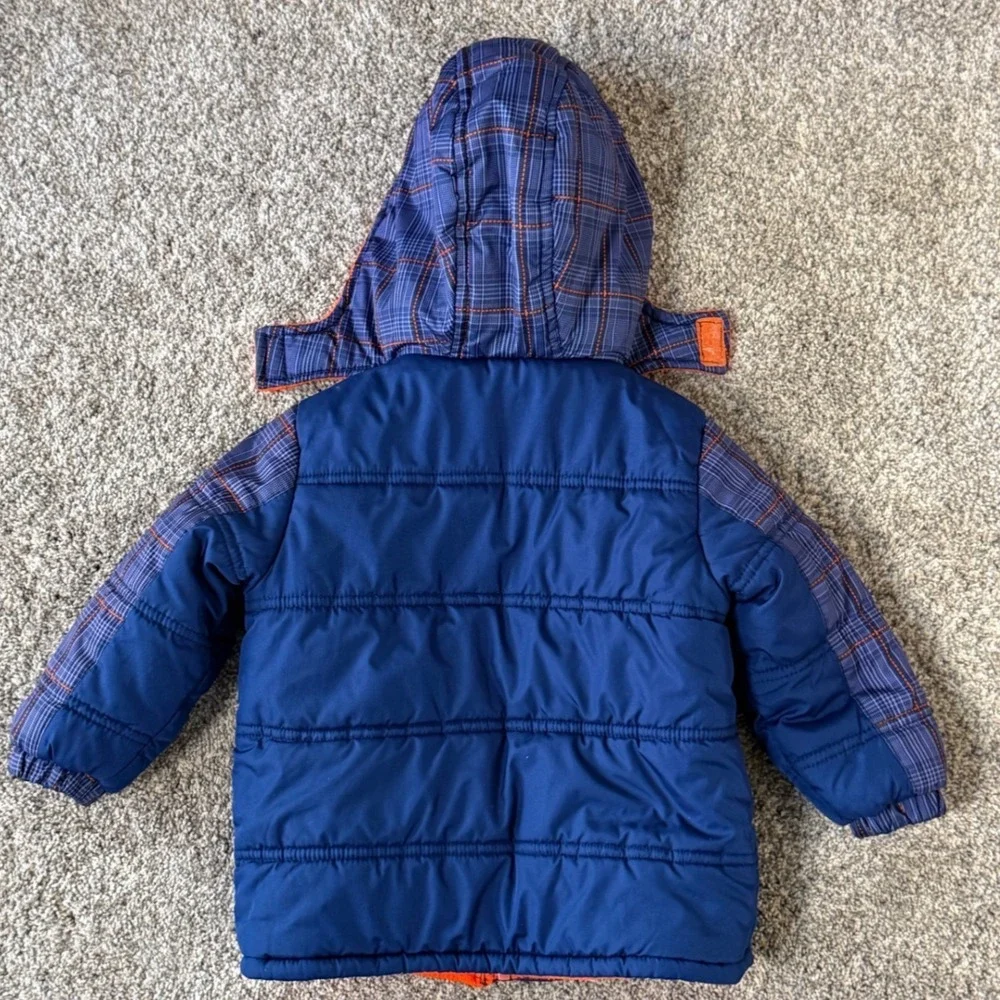 iXtreme‎ Expedition 75 Boys Toddler Puffer Jacket Blue Orange Plaid Hooded 2TEUC